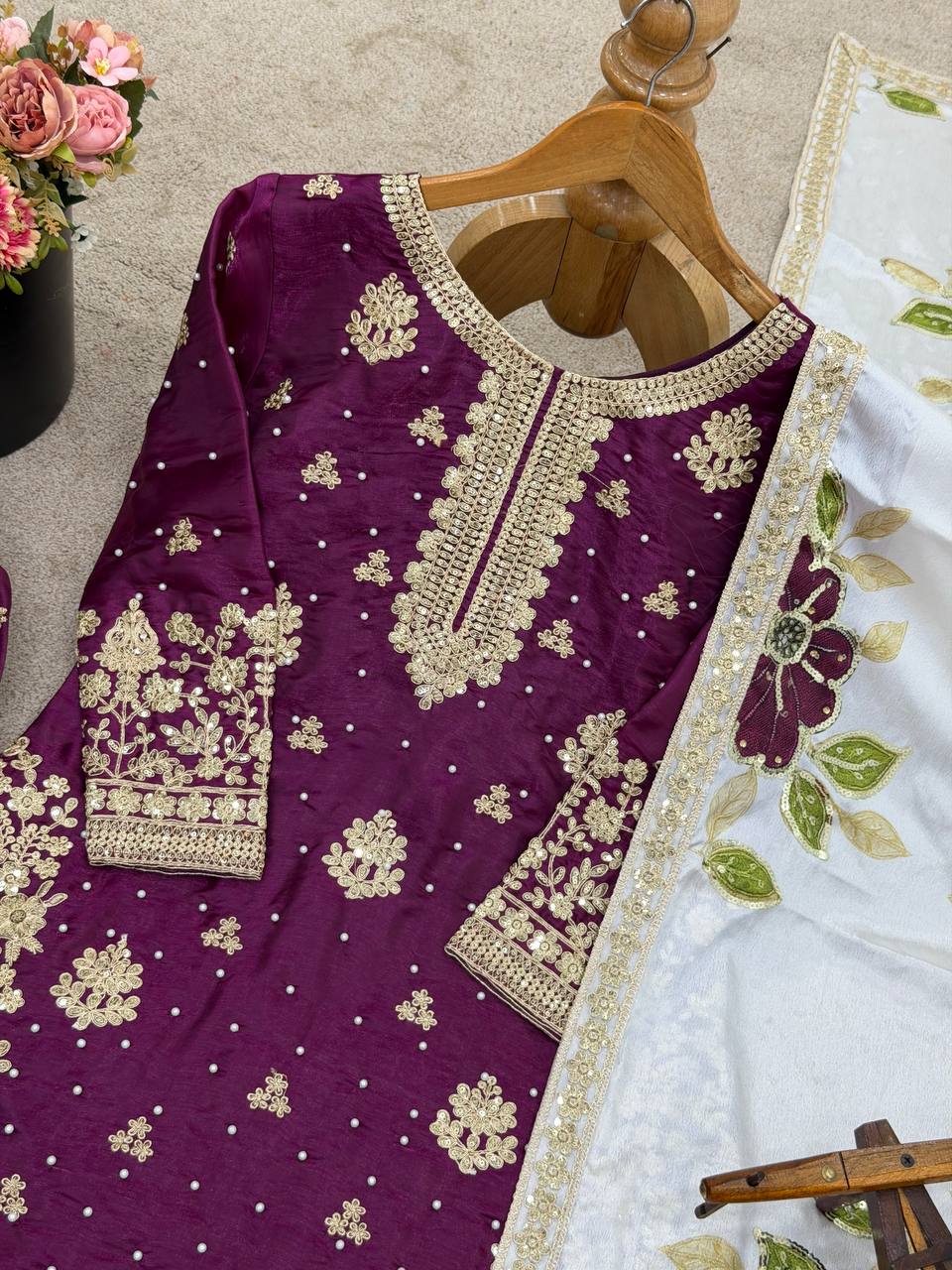 Wine Designer GMY Silk Embroidery Plazzo Suit and Dupatta