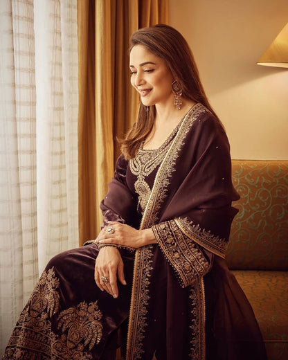 Wine Designer Heavy Chinon Silk Top Bottom and Dupatta For Party Wear 