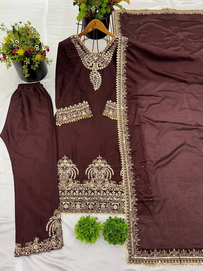 Wine Designer Heavy Chinon Silk Top Bottom and Dupatta For Party Wear