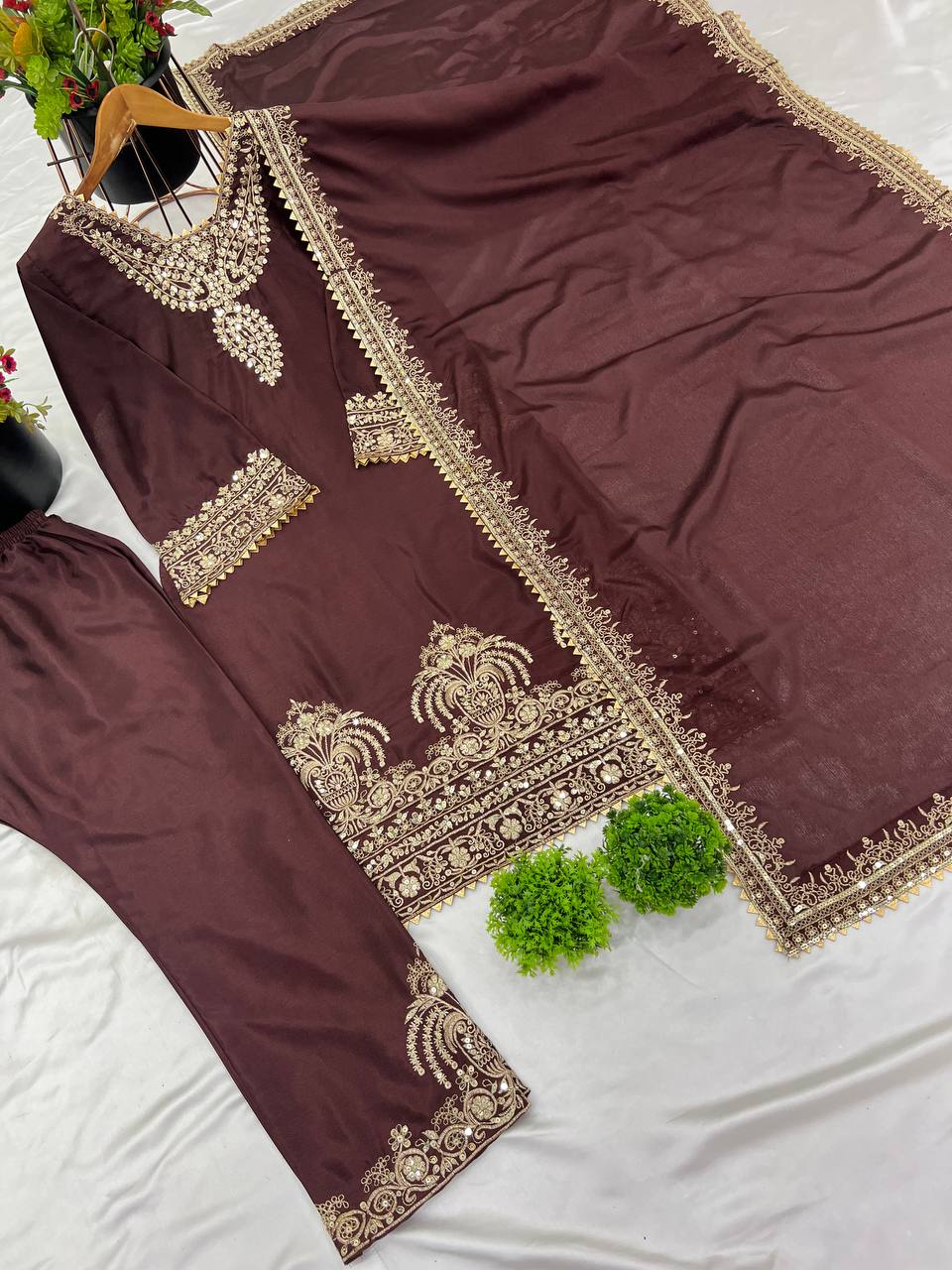 Wine Designer Heavy Chinon Silk Top Bottom and Dupatta For Party Wear