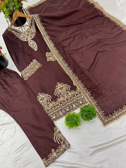 Wine Designer Heavy Chinon Silk Top Bottom and Dupatta For Party Wear