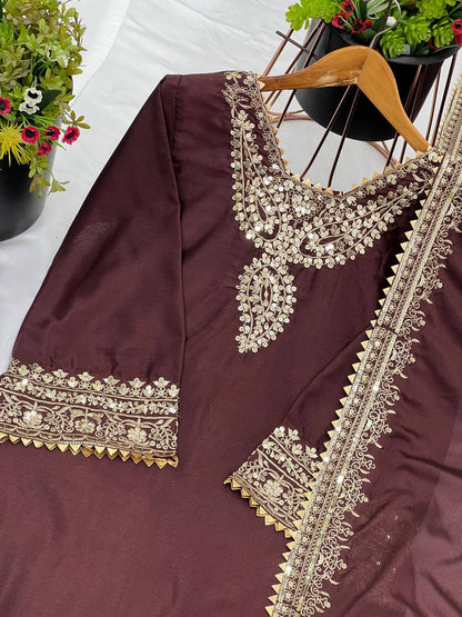 Wine Designer Heavy Chinon Silk Top Bottom and Dupatta For Party Wear