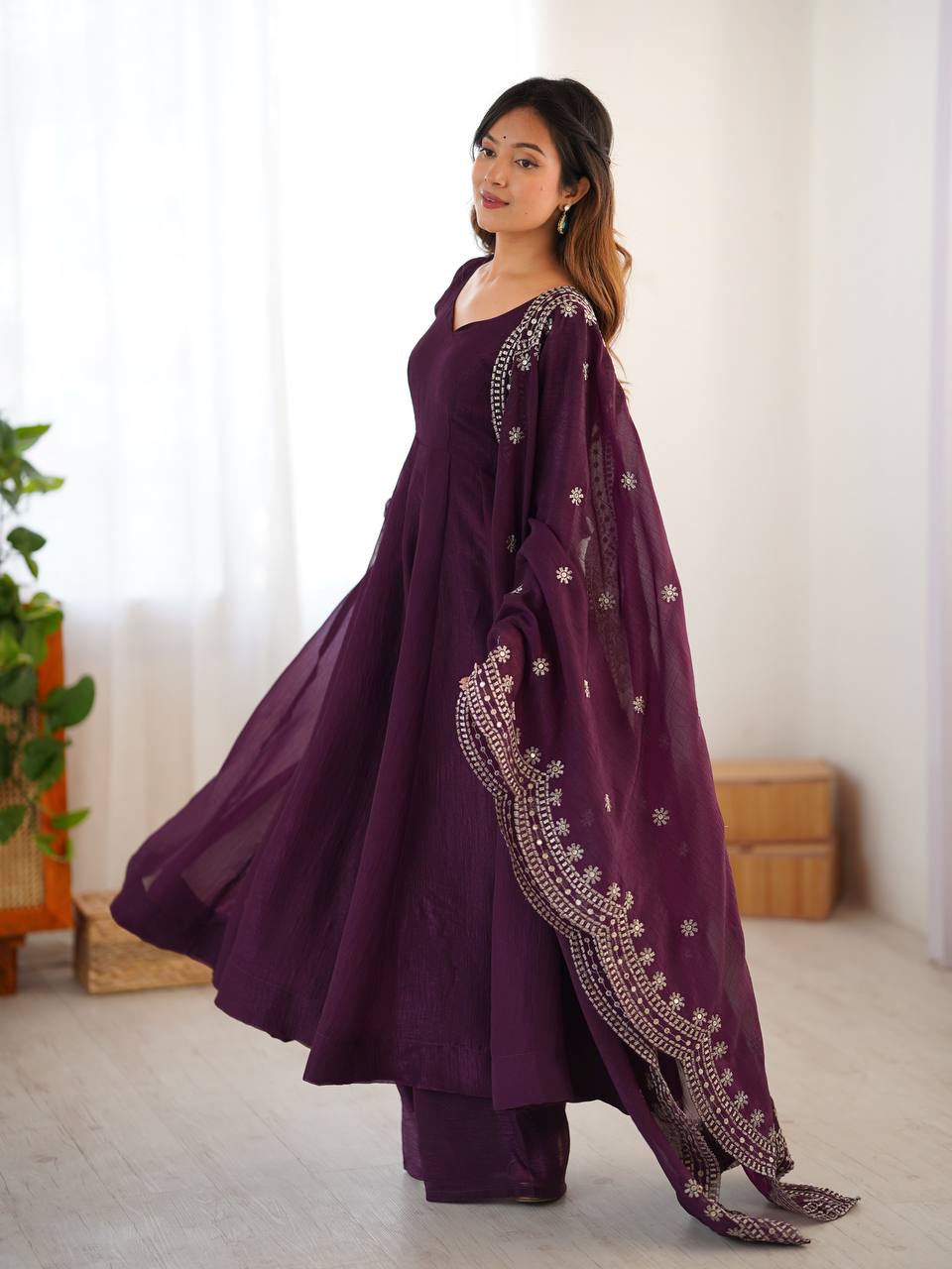 Wine Designer Heavy Fandy Silk Gown and Dupatta For Party Wear