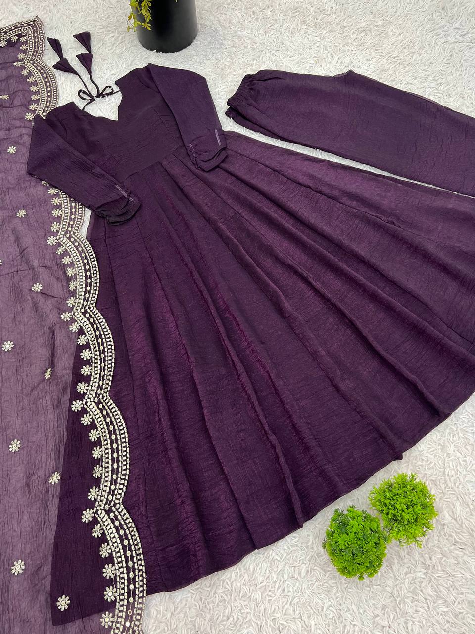 Wine Designer Heavy Fandy Silk Gown and Dupatta For Party Wear