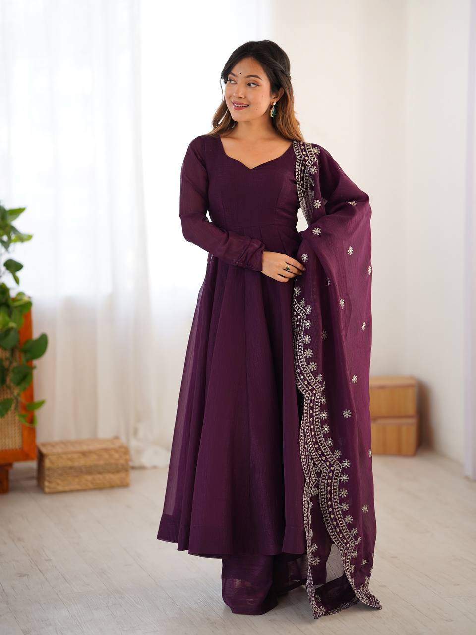Wine Designer Heavy Fandy Silk Gown and Dupatta For Party Wear