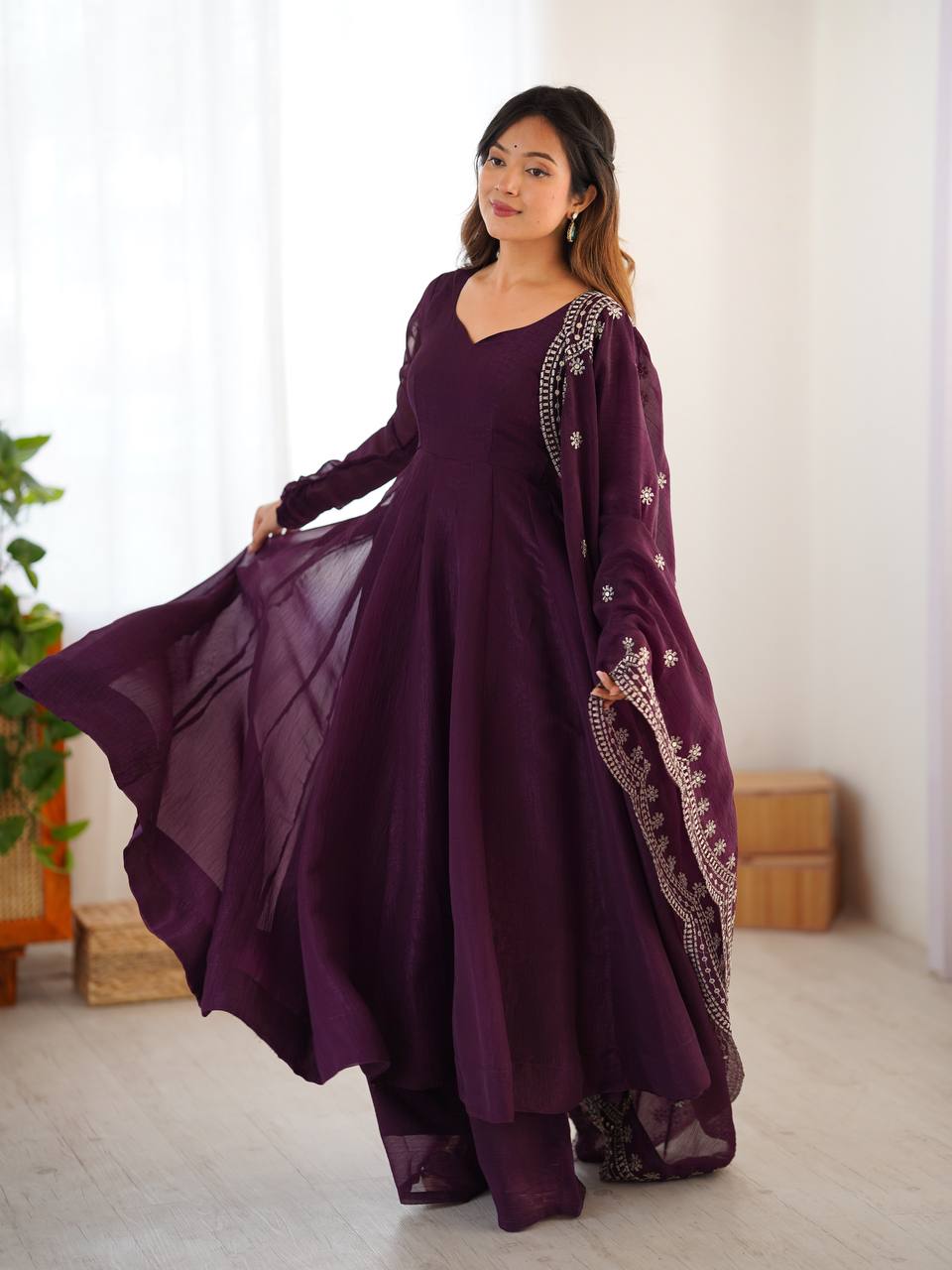 Wine Designer Heavy Fandy Silk Gown and Dupatta For Party Wear