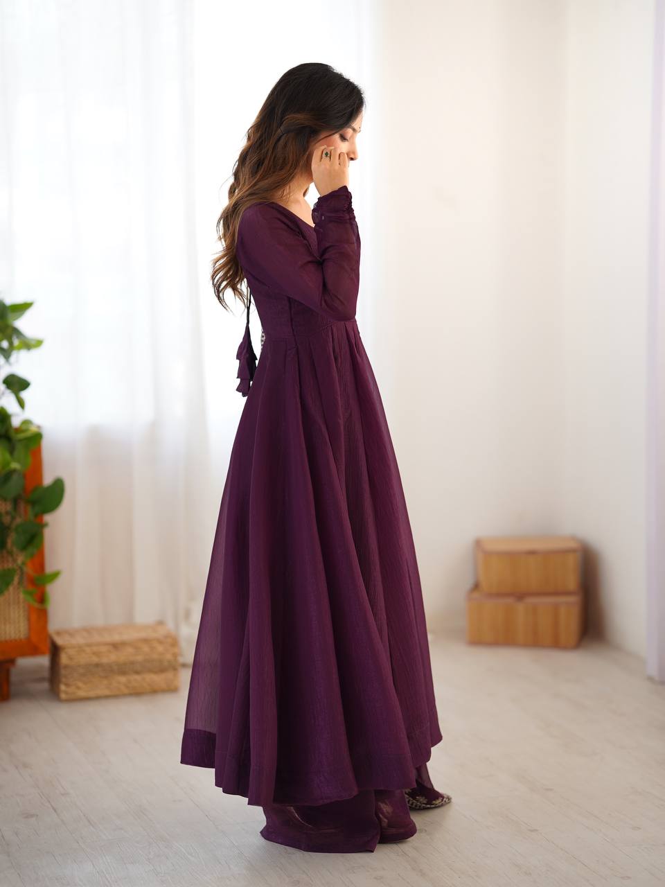 Wine Designer Heavy Fandy Silk Gown and Dupatta For Party Wear