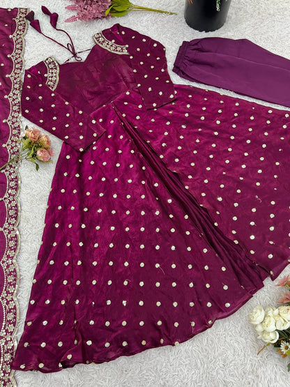 Wine Designer Heavy Fandy Silk Gown Bottom and Dupatta For Party Wear