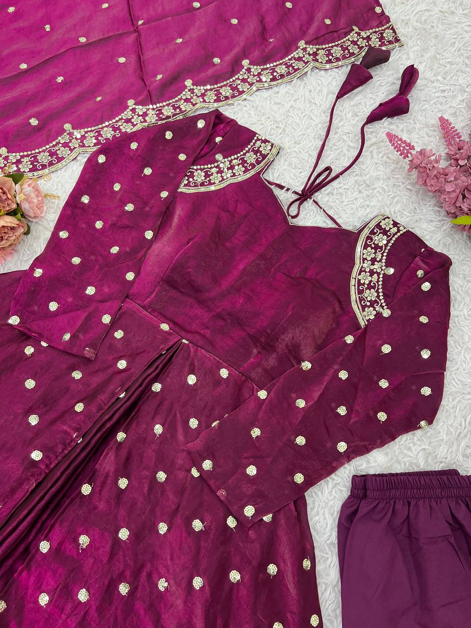 Wine Designer Heavy Fandy Silk Gown Bottom and Dupatta For Party Wear