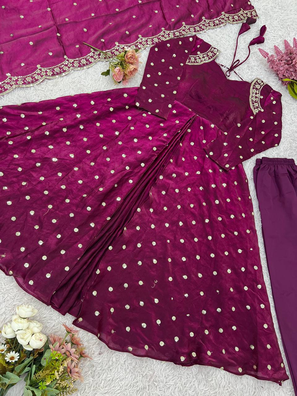 Wine Designer Heavy Fandy Silk Gown Bottom and Dupatta For Party Wear