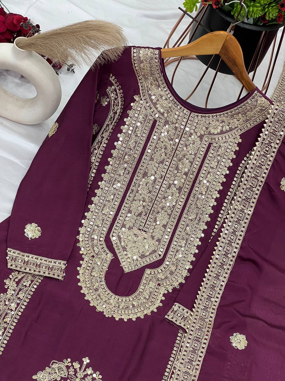 Wine Designer Pure Chinnon Silk Embroidery Dori Palazzo Top and Dupatta