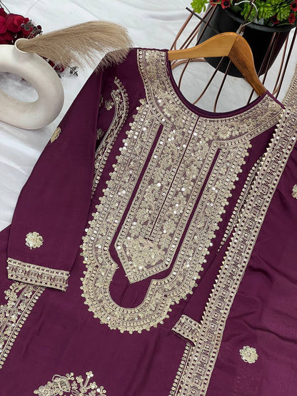Wine Designer Pure Chinnon Silk Embroidery Dori Palazzo Top and Dupatta