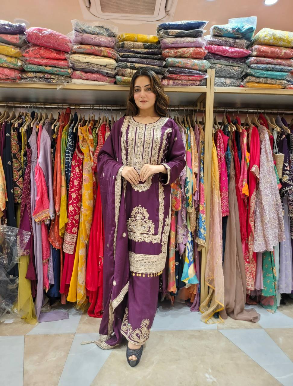 Wine Designer Pure Chinnon Silk Embroidery Dori Palazzo Top and Dupatta