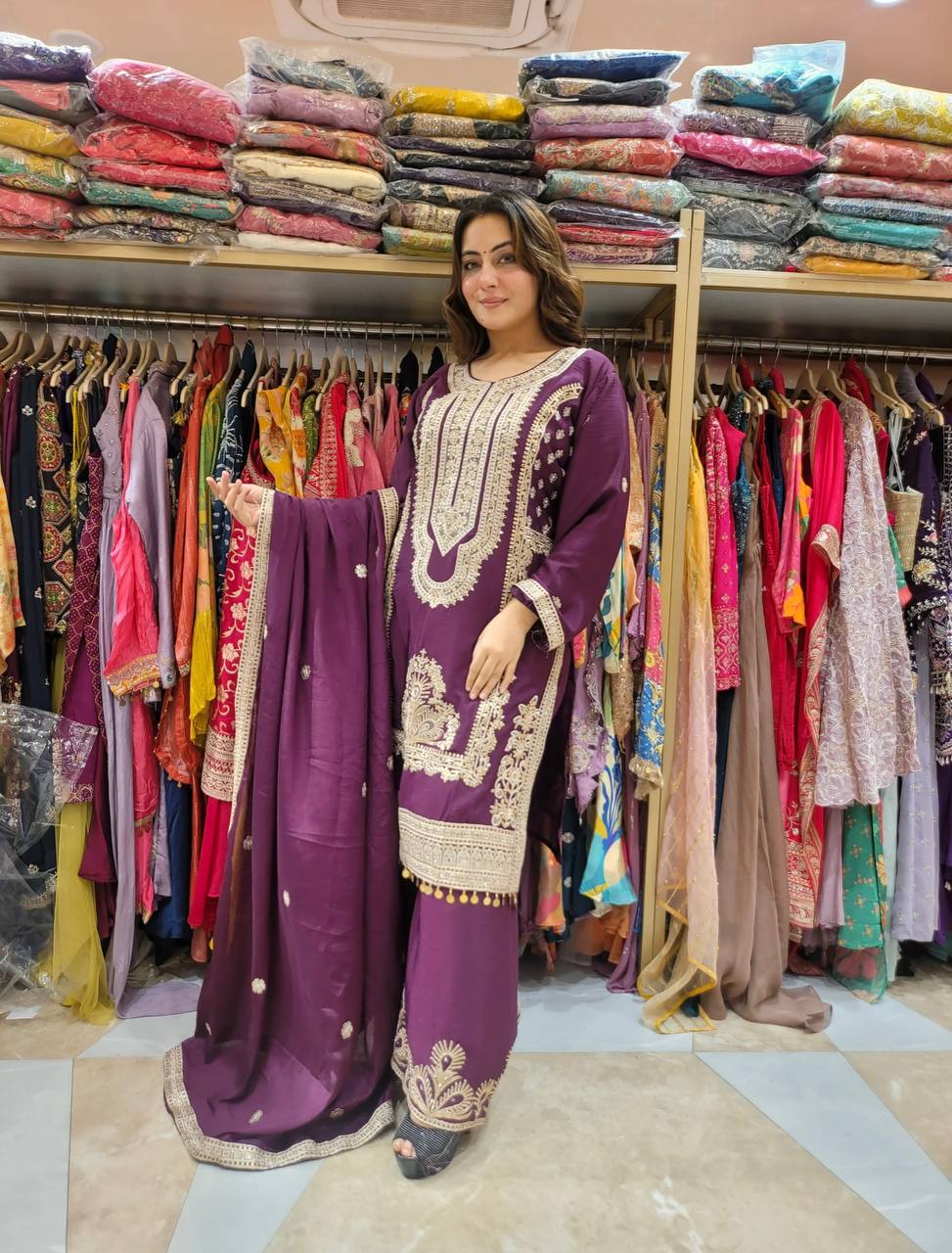 Wine Designer Pure Chinnon Silk Embroidery Dori Palazzo Top and Dupatta