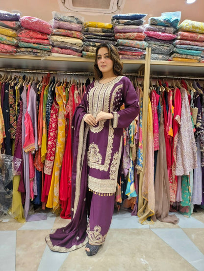 Wine Designer Pure Chinnon Silk Embroidery Dori Palazzo Top and Dupatta