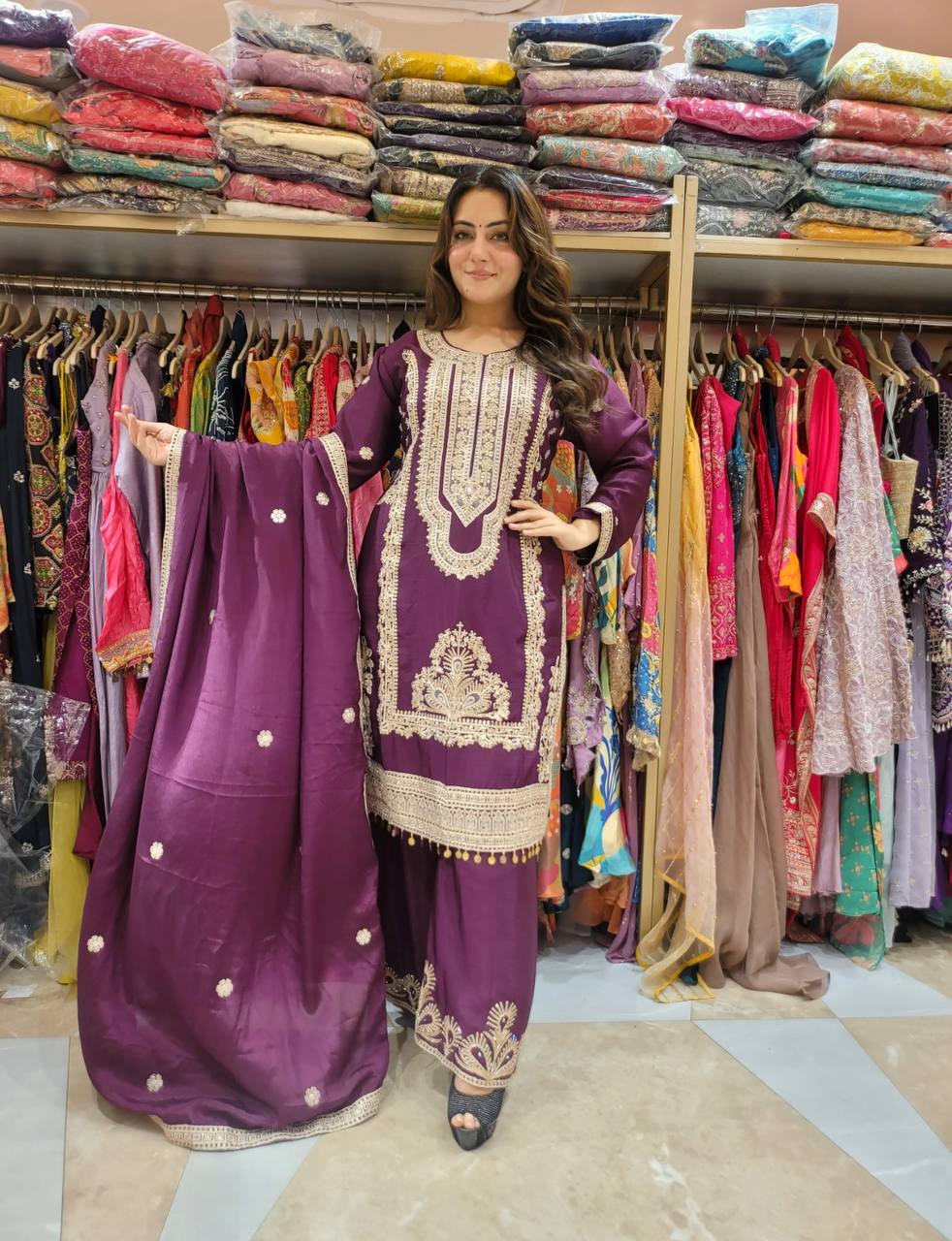 Wine Designer Pure Chinnon Silk Embroidery Dori Palazzo Top and Dupatta