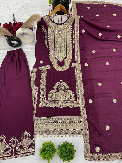 Wine Designer Pure Chinnon Silk Embroidery Dori Palazzo Top and Dupatta