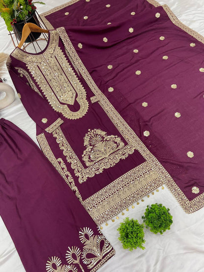 Wine Designer Pure Chinnon Silk Embroidery Dori Palazzo Top and Dupatta