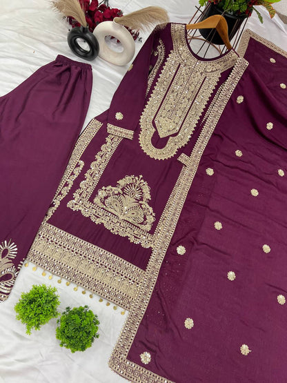 Wine Designer Pure Chinnon Silk Embroidery Dori Palazzo Top and Dupatta