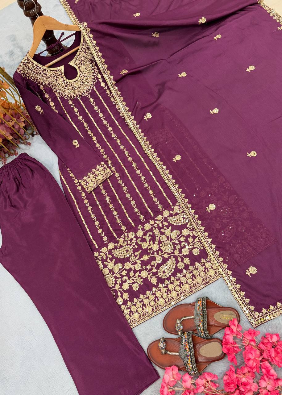Wine Designer Pure Chinon Silk Embroidery Top Bottom and Dupatta