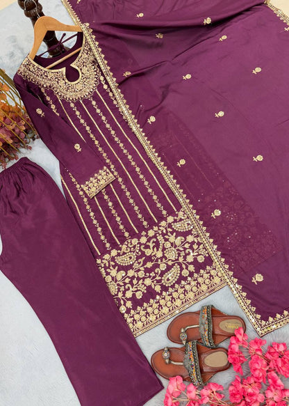 Wine Designer Pure Chinon Silk Embroidery Top Bottom and Dupatta