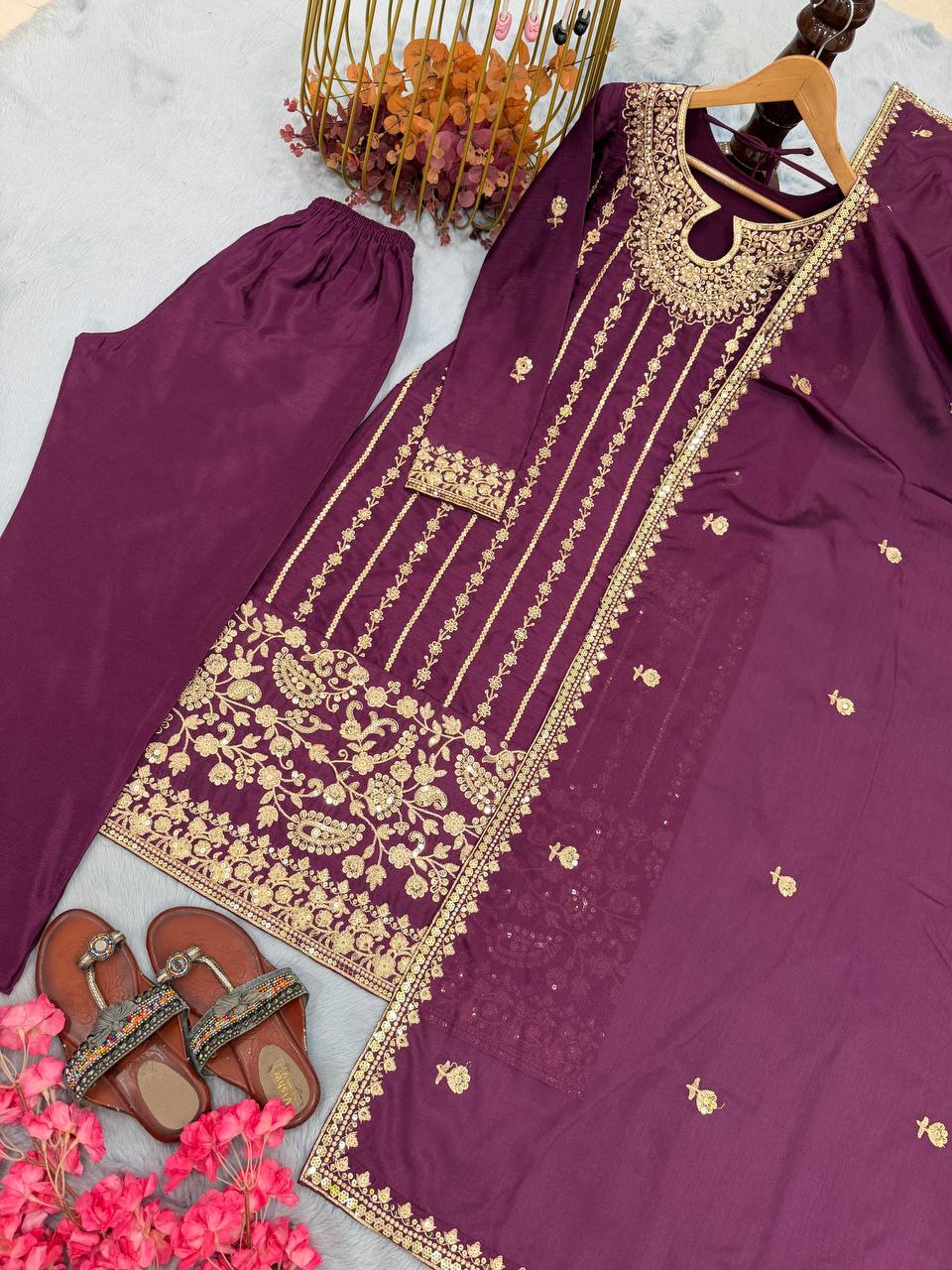 Wine Designer Pure Chinon Silk Embroidery Top Bottom and Dupatta