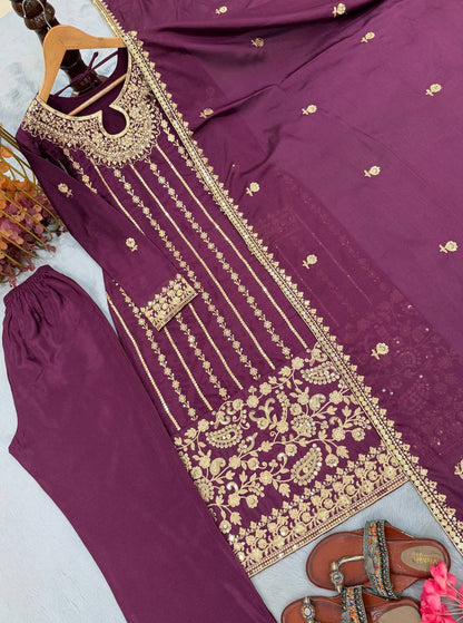 Wine Designer Pure Chinon Silk Embroidery Top Bottom and Dupatta