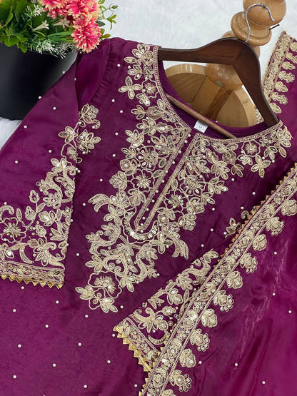 Wine Designer Pure GMY Silk Top Bottom and Dupatta For Party Wear