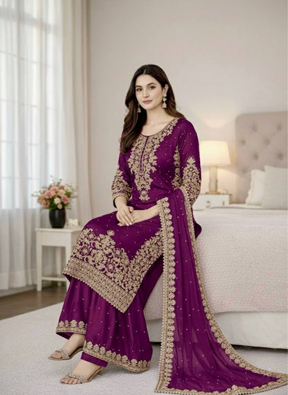 Wine Designer Pure GMY Silk Top Bottom and Dupatta For Party Wear