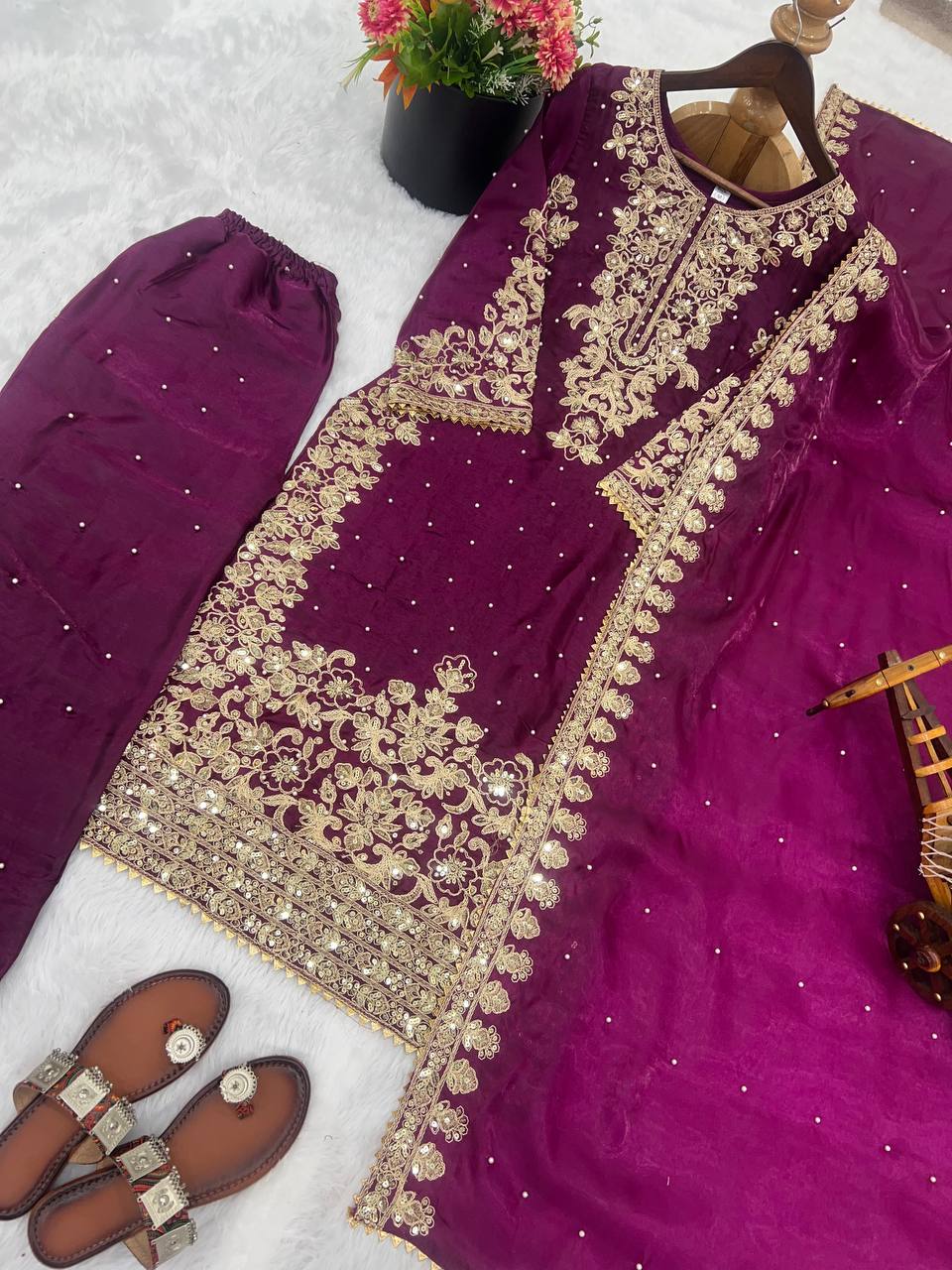 Wine Designer Pure GMY Silk Top Bottom and Dupatta For Party Wear