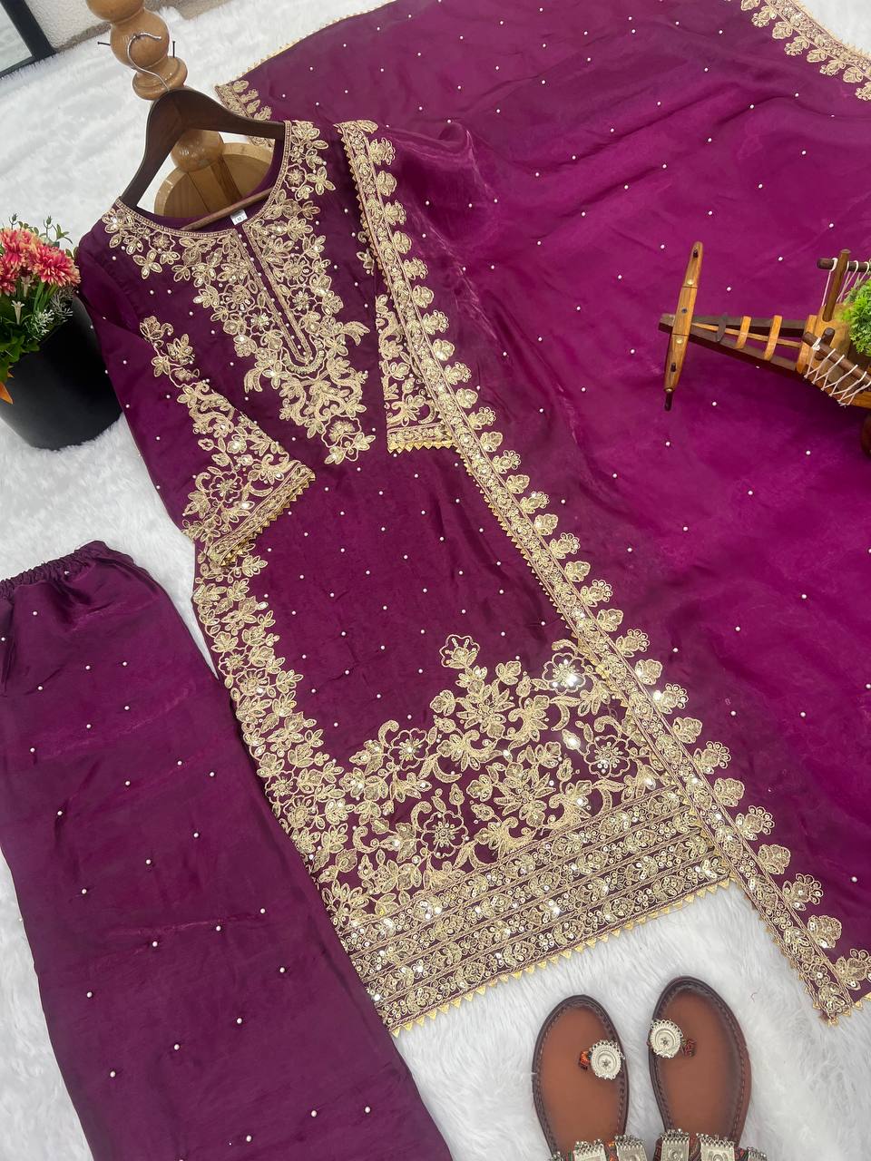 Wine Designer Pure GMY Silk Top Bottom and Dupatta For Party Wear