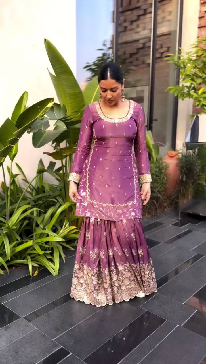 Wine Designer Twill Net Embroidered Palazzo Top and Dupatta Set