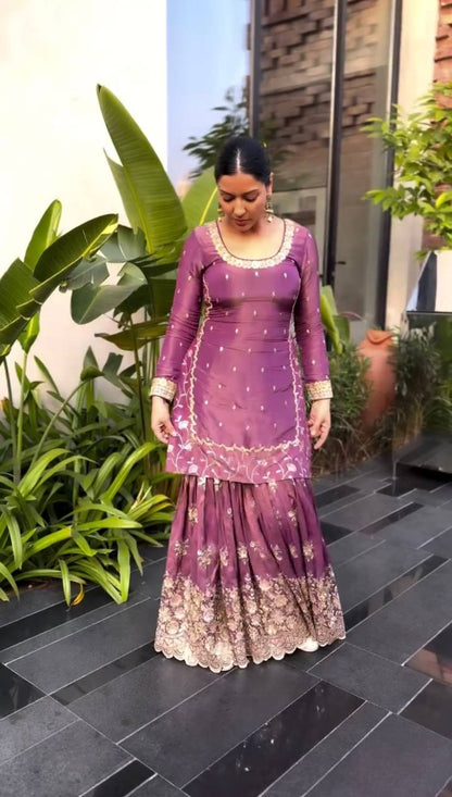 Wine Designer Twill Net Embroidered Palazzo Top and Dupatta Set