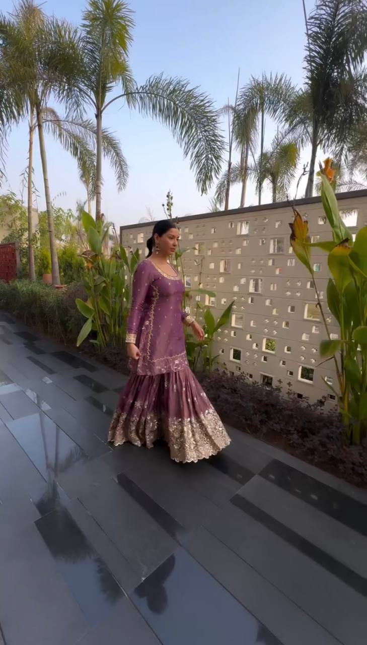 Wine Designer Twill Net Embroidered Palazzo Top and Dupatta Set