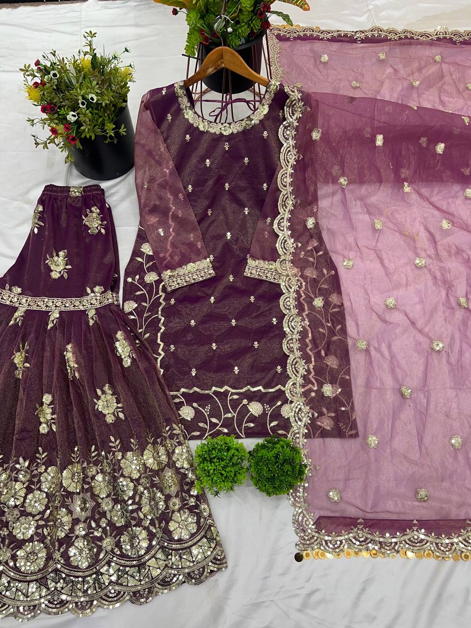 Wine Designer Twill Net Embroidered Palazzo Top and Dupatta Set