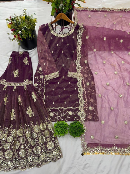 Wine Designer Twill Net Embroidered Palazzo Top and Dupatta Set