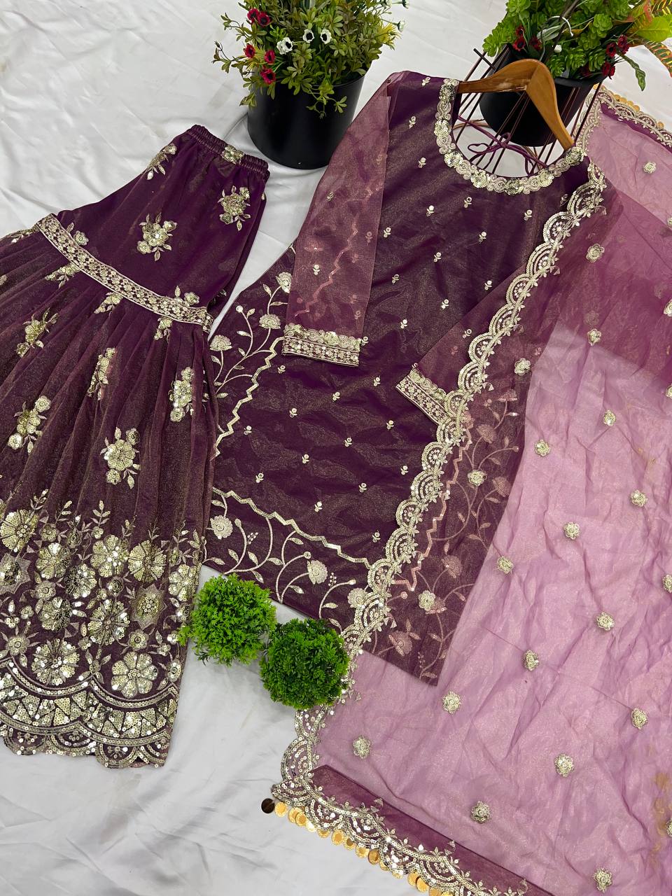 Wine Designer Twill Net Embroidered Palazzo Top and Dupatta Set