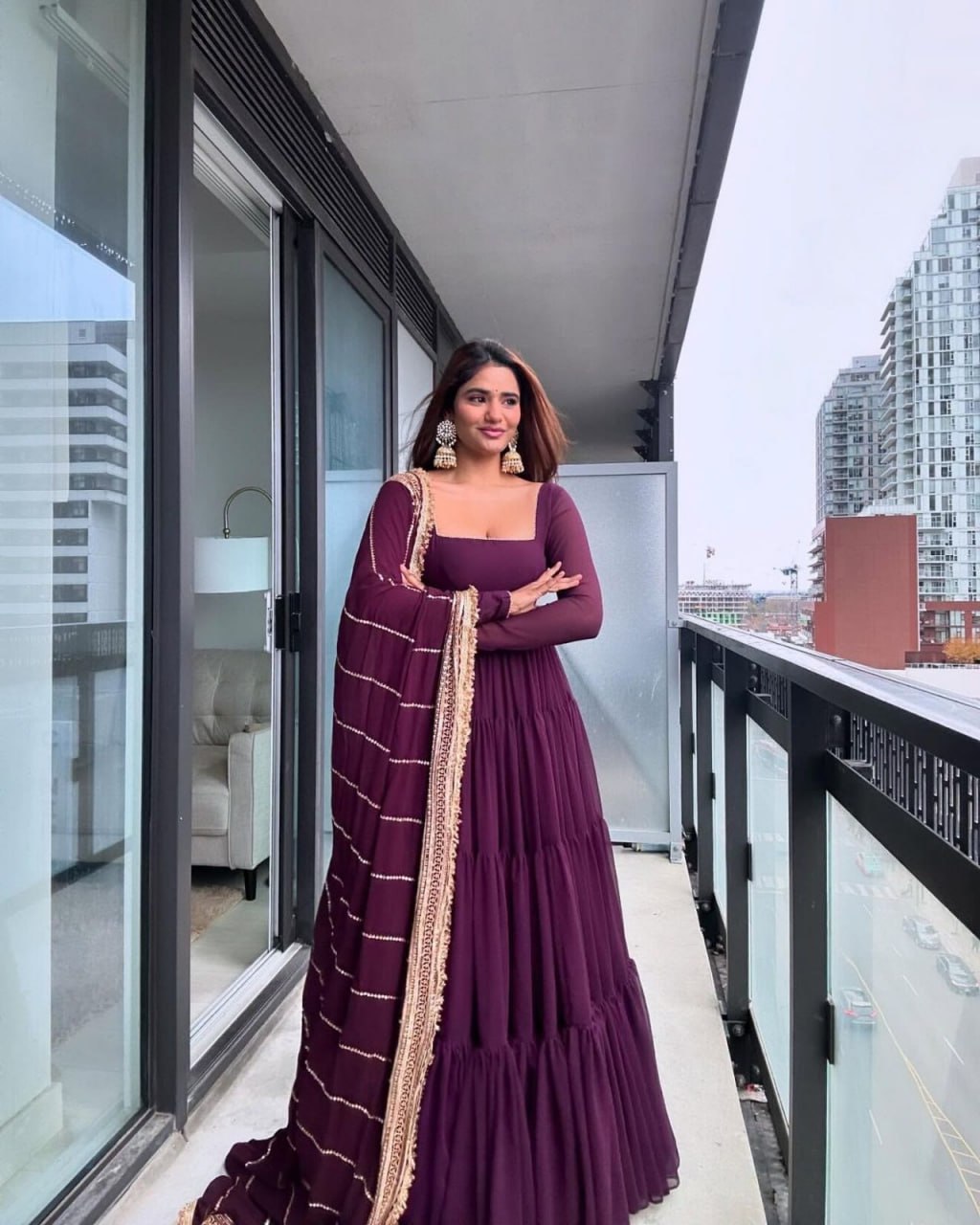 Wine Faux Georgette Ruffle Anarkali Set with Sequin Work Dupatta