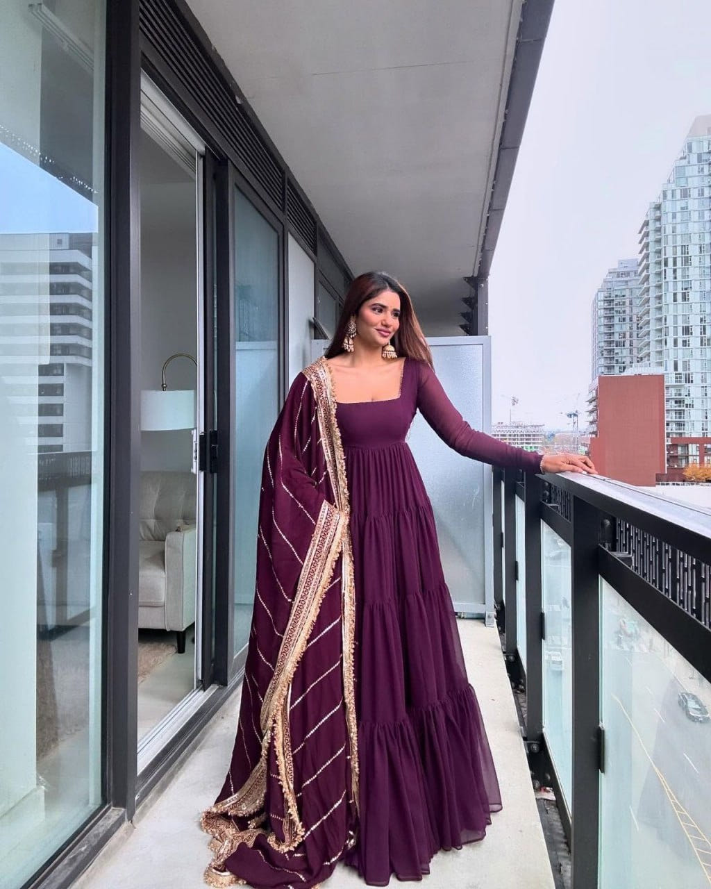 Wine Faux Georgette Ruffle Anarkali Set with Sequin Work Dupatta