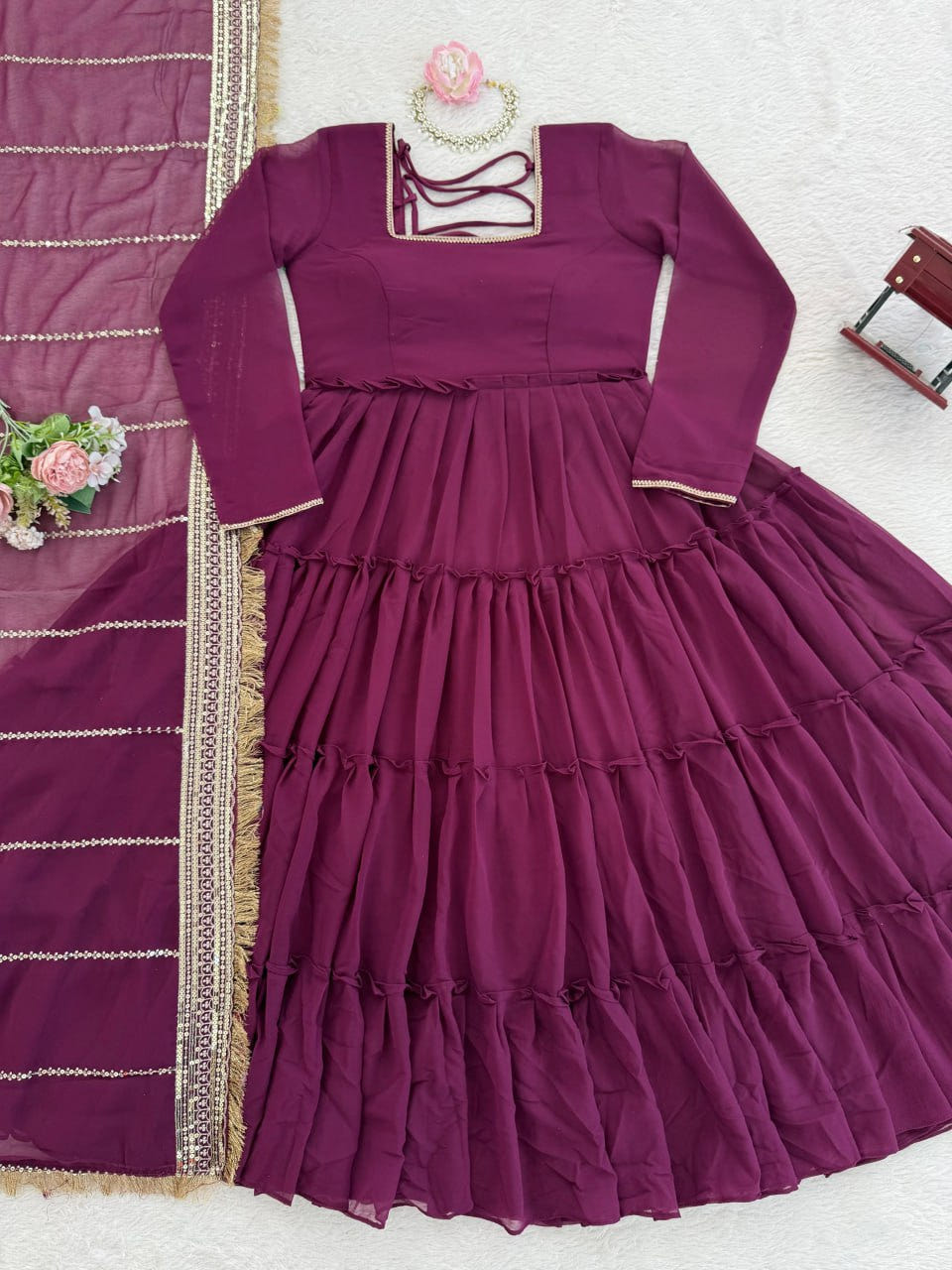 Wine Faux Georgette Ruffle Anarkali Set with Sequin Work Dupatta