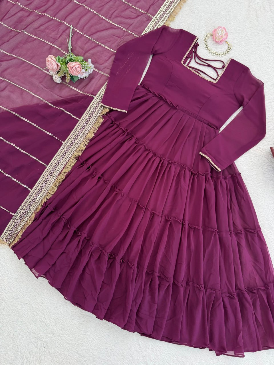 Wine Faux Georgette Ruffle Anarkali Set with Sequin Work Dupatta