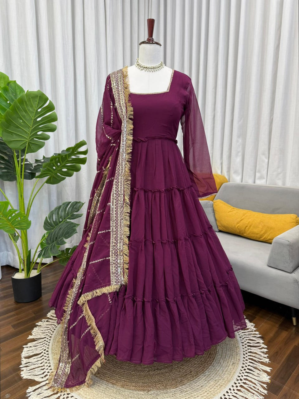 Wine Faux Georgette Ruffle Anarkali Set with Sequin Work Dupatta