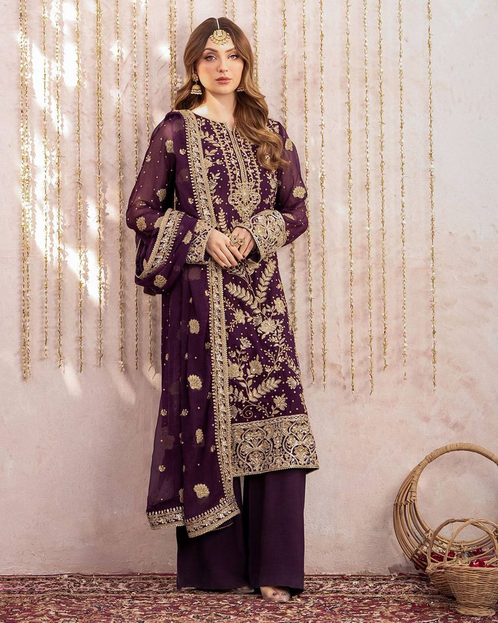 Wine Georgette Kurta Plazzo Suit with Sequence Embroidery Work Dupatta