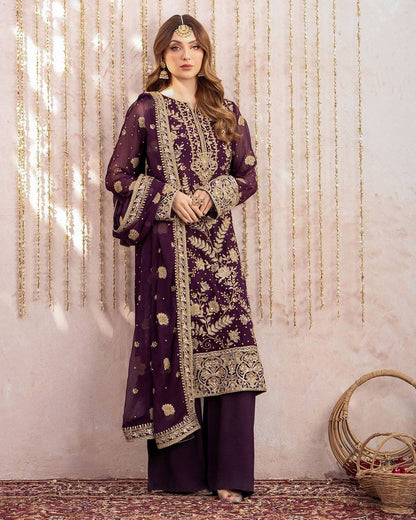 Wine Georgette Kurta Plazzo Suit with Sequence Embroidery Work Dupatta