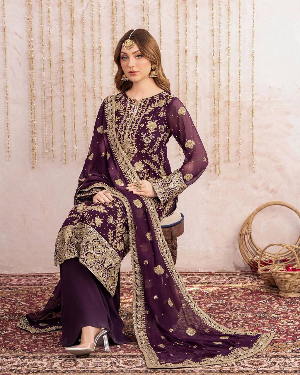 Wine Georgette Kurta Plazzo Suit with Sequence Embroidery Work Dupatta