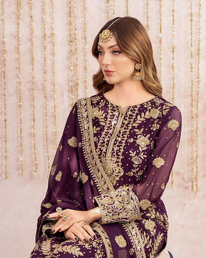 Wine Georgette Kurta Plazzo Suit with Sequence Embroidery Work Dupatta