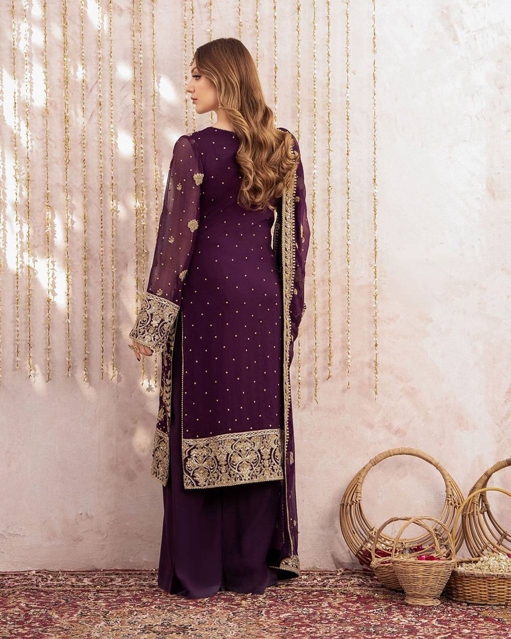 Wine Georgette Kurta Plazzo Suit with Sequence Embroidery Work Dupatta