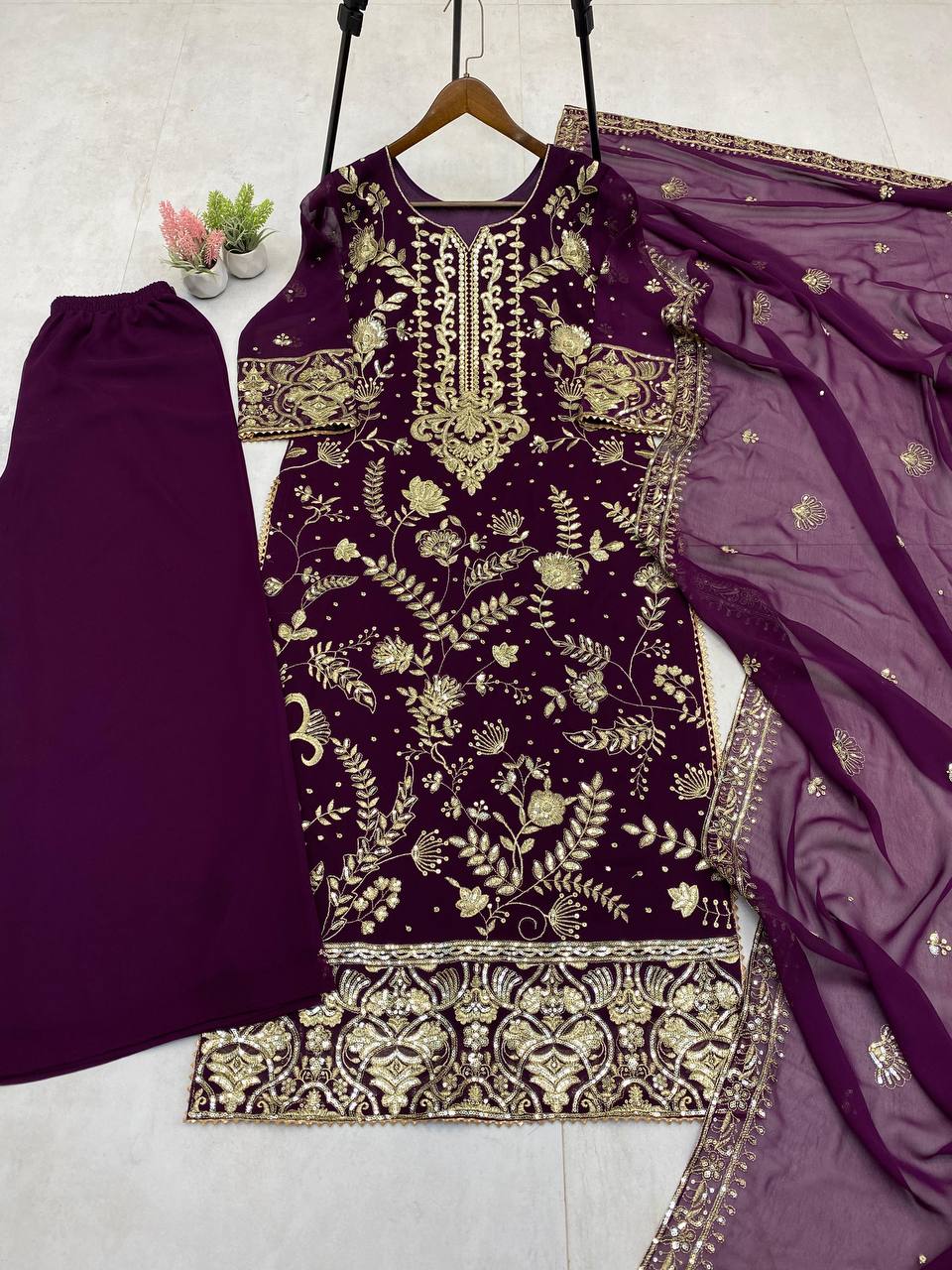 Wine Georgette Kurta Plazzo Suit with Sequence Embroidery Work Dupatta