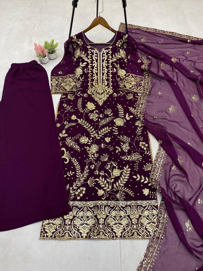 Wine Georgette Kurta Plazzo Suit with Sequence Embroidery Work Dupatta