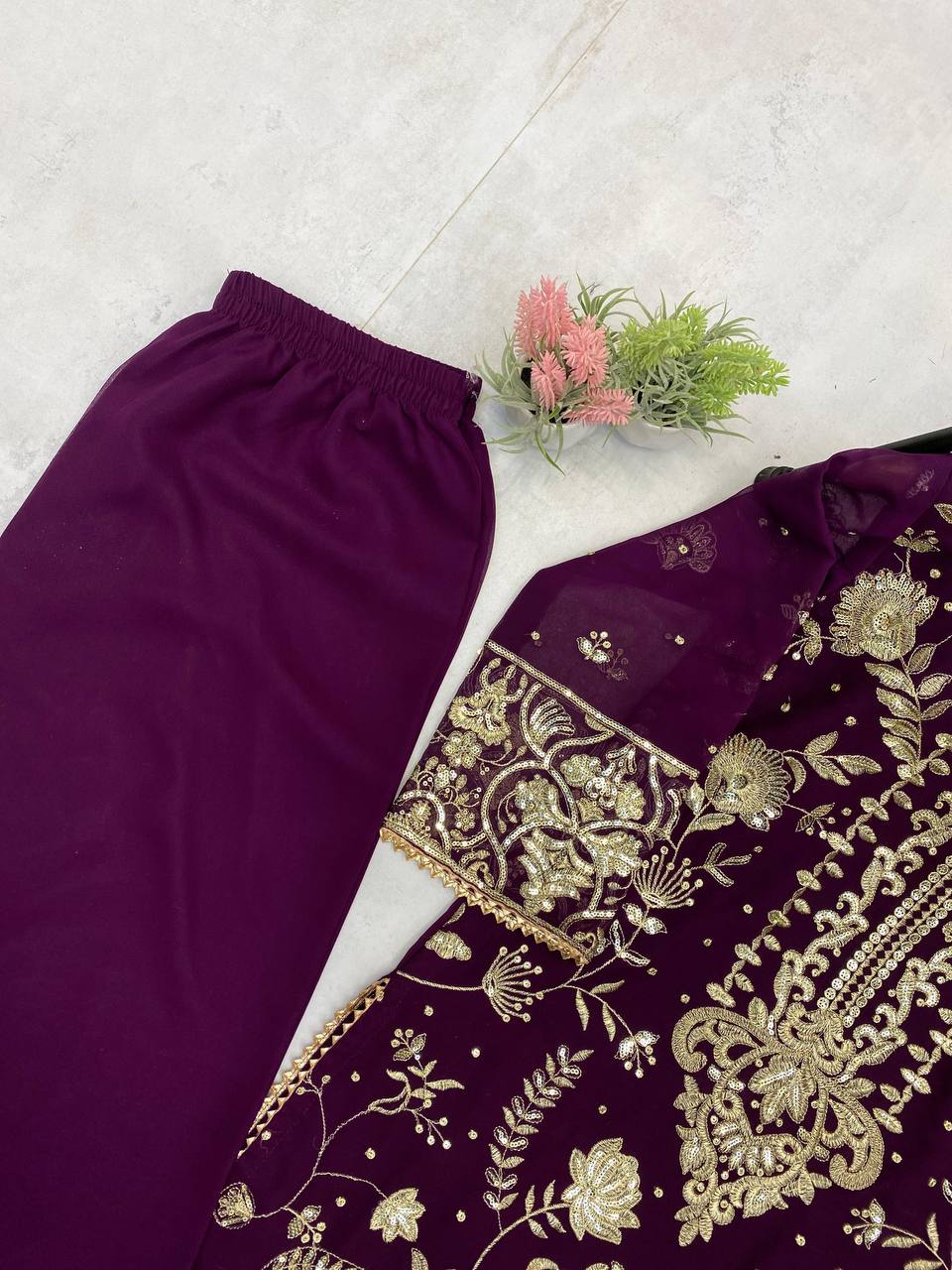 Wine Georgette Kurta Plazzo Suit with Sequence Embroidery Work Dupatta